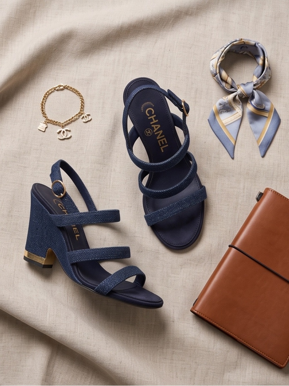 Authentic CHANEL Denim Block Heel Sandals